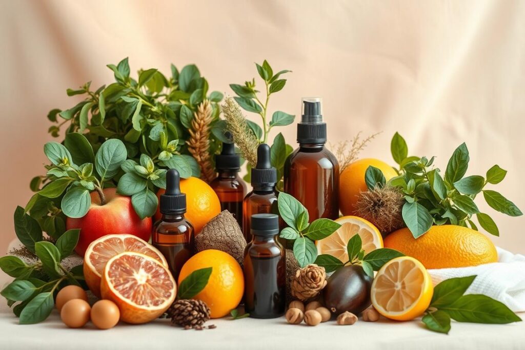 A beautifully arranged display of natural ingredients, including fresh herbs, essential oils, and organic fruits, set against a soft, neutral background. The items are arranged in a visually appealing manner, hinting at the DIY haircare recipes that can be crafted from these simple, yet effective, components. Warm, diffused lighting casts a gentle glow, creating an inviting, spa-like atmosphere. The overall composition conveys a sense of simplicity, wellness, and the beauty of homemade haircare solutions.
