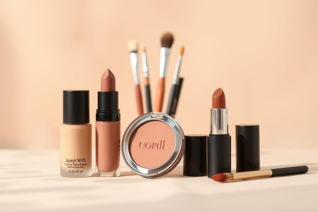 A beautifully arranged still life of cruelty-free makeup essentials on a soft, neutral-toned background. In the foreground, high-quality vegan makeup products such as a luminous foundation, a velvety matte lipstick, and a multi-use cream blush in natural, earthy shades. In the middle ground, delicate makeup brushes and applicators with natural bristles, neatly displayed. The background is bathed in warm, diffused lighting, creating a serene, inviting atmosphere. The overall composition is visually appealing, highlighting the quality and ethical nature of the products, perfect for a "Top Makeup Essentials for Every Look" feature.
