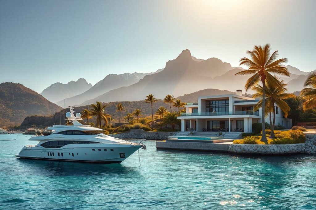 A breathtaking coastal paradise overlooking crystal-clear waters, with lush palm trees swaying in the gentle breeze. In the foreground, a luxurious yacht anchored in a private marina, its sleek design reflecting the sun's rays. The middle ground features a grandiose villa with an infinity pool, its elegant architecture seamlessly blending with the natural landscape. In the background, towering mountains rise, their snow-capped peaks casting long shadows over the serene scene. Warm, golden lighting illuminates the entire composition, creating a sense of warmth and exclusivity. This image captures the essence of a truly exceptional luxury travel destination, perfect for planning a remarkable getaway.