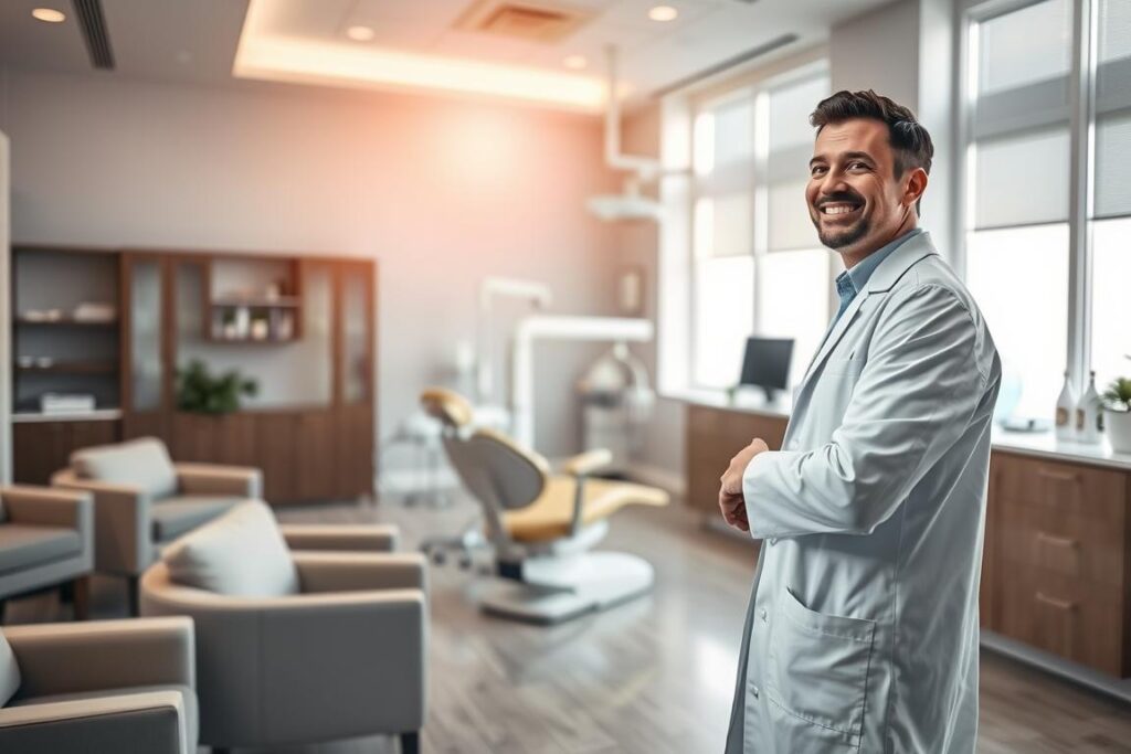 A bright, airy dental clinic interior, with a spacious waiting area featuring plush chairs and a soothing color palette. In the foreground, a smiling dentist in a crisp, white lab coat greets a patient, gesturing towards the dental chair. Ambient lighting filters in through large windows, casting a warm, inviting glow. The middle ground showcases the latest dental equipment, including a state-of-the-art x-ray machine and a gleaming, modern dental chair. In the background, a neatly organized counter displays an array of dental care products, conveying a sense of professionalism and attention to detail. The overall atmosphere exudes a sense of comfort, trust, and exceptional dental care.