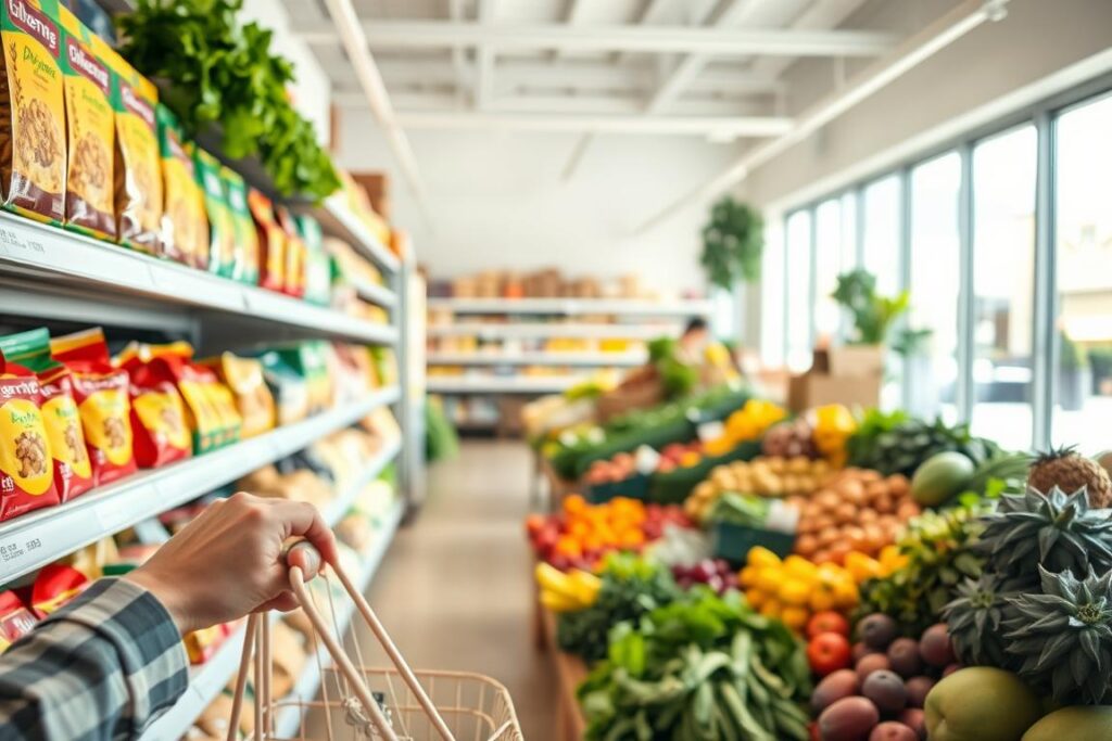 A bright, airy grocery store scene. In the foreground, a shopper's hands carefully select gluten-free products from the shelves - colorful packages of pasta, bread, and baked goods. The middle ground features a diverse selection of fresh produce, from leafy greens to vibrant fruits. In the background, sunlight streams through large windows, casting a warm glow over the clean, modern interior. The atmosphere conveys a sense of thoughtful, budget-conscious meal planning, with an emphasis on wholesome, gluten-free ingredients.