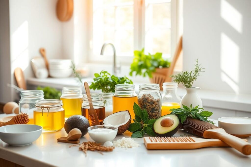A bright, clean kitchen counter filled with glass jars and bowls of natural ingredients like coconut oil, honey, avocado, and herbs. Sunlight filters in through a nearby window, casting a warm, soft glow across the scene. Various haircare products and tools like a wide-tooth comb and hairbrush are arranged alongside the homemade treatments. The overall atmosphere is one of simplicity, nourishment, and a back-to-basics approach to hair care. The composition draws the viewer's eye to the center of the frame, highlighting the natural hair conditioning recipes and the ritual of DIY haircare.