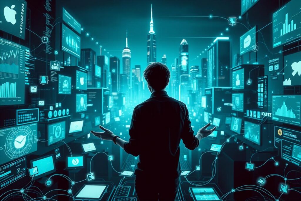 A bustling digital landscape, with a central figure navigating a maze of connected devices and screens. High-contrast lighting creates a sense of depth, while a subtle blue-green hue gives the scene a contemplative atmosphere. In the foreground, intricate data visualizations and social media icons swirl, symbolizing the complexities of online presence management. The middle ground features a thoughtful individual, hands outstretched, carefully orchestrating their digital footprint. In the background, a cityscape of towering tech monoliths looms, hinting at the scale and significance of effective online presence in the modern world.