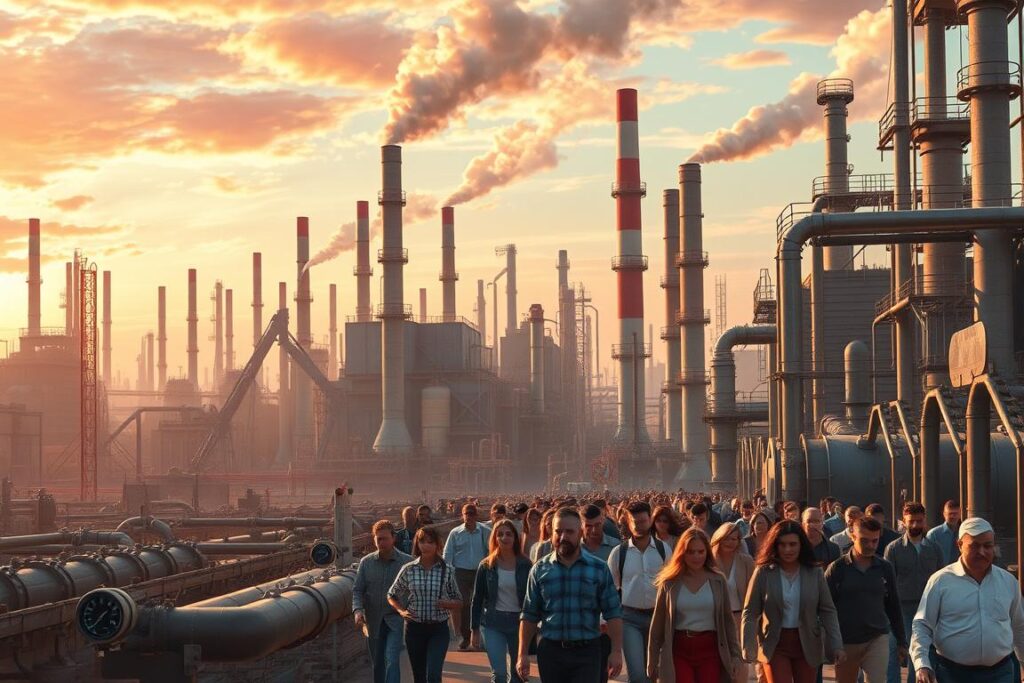 A bustling industrial landscape, with towering factories and smokestacks against a vibrant, ever-changing sky. In the foreground, a group of diverse individuals navigate a maze of pipes, gauges, and machinery, adapting to the evolving industry. The mid-ground features a blend of old and new technologies, symbolizing the necessary balance between tradition and innovation. Soft, warm lighting illuminates the scene, casting long shadows and creating a sense of movement and progress. The background is a kaleidoscope of shifting patterns and colors, hinting at the constant flux of industry trends. The overall atmosphere conveys a sense of resilience, flexibility, and the power of human ingenuity to overcome challenges.