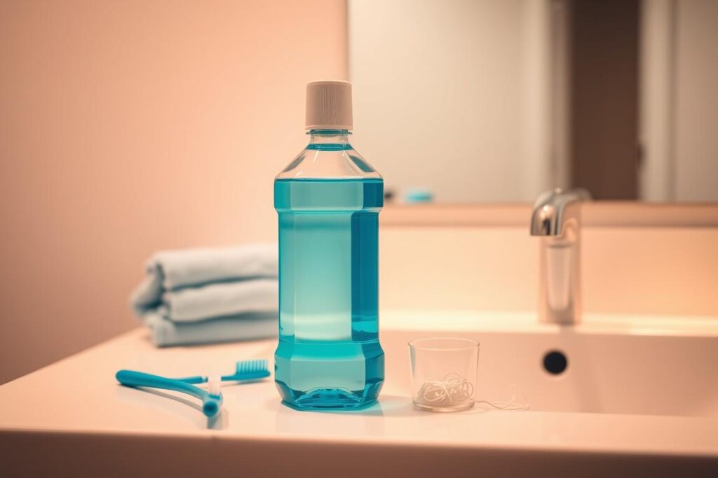 A clean and modern bathroom setting, with warm lighting illuminating a semi-transparent glass bottle filled with a vibrant blue mouthwash. The bottle is placed on a sleek, minimalist vanity counter, surrounded by a few essential dental care items such as a toothbrush, dental floss, and a small cup. The background features a neutral color palette, creating a calming and refreshing atmosphere that emphasizes the importance of mouthwash as a complement to brushing and flossing for maintaining dental hygiene.