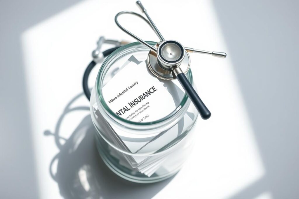A clear glass jar filled with glossy dental insurance cards, reflecting a crisp, white background. Atop the jar, a silver stethoscope and a set of dental tools - pliers, mirror, and probe - arranged in a precise, clinical manner. Soft, natural lighting illuminates the scene, casting subtle shadows and highlighting the sheen of the cards and metal instruments. The overall mood conveys a sense of professionalism, clarity, and attention to detail, reflecting the importance of understanding one's dental insurance coverage.
