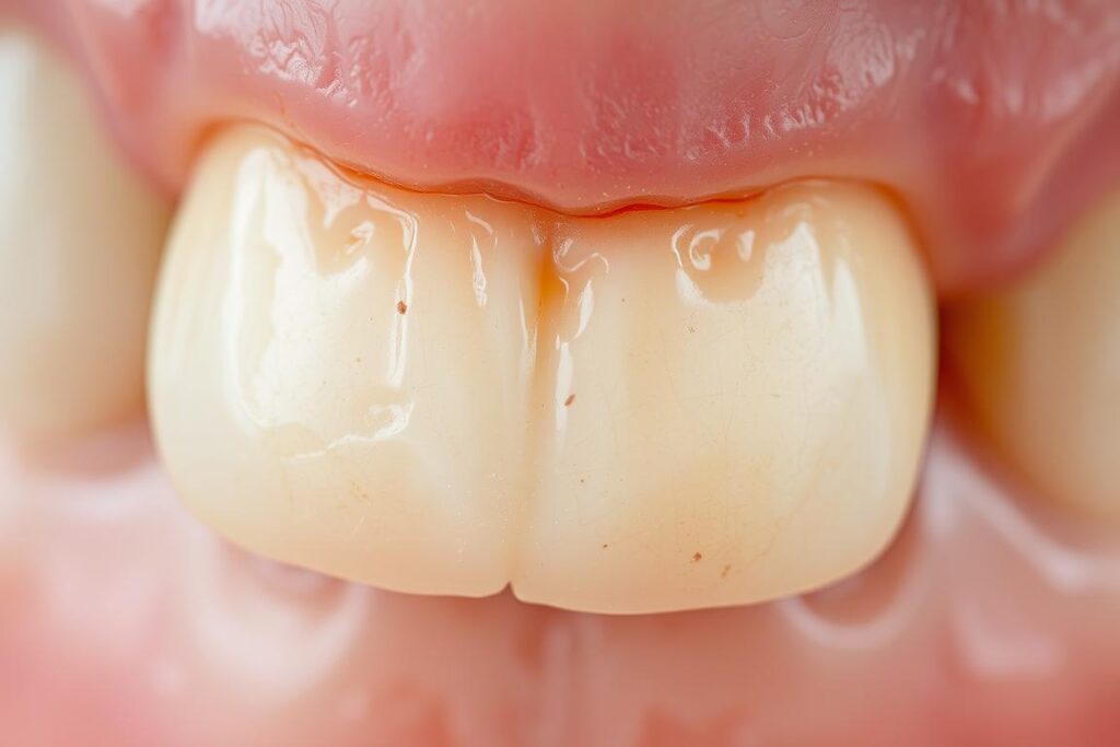 A close-up view of a human tooth, displaying clear signs of enamel erosion. The surface appears rough, discolored, and pitted, with areas of exposed dentin. The lighting is soft and diffused, highlighting the subtle textures and imperfections. The depth of field is shallow, keeping the tooth in sharp focus while blurring the background. The overall mood is one of concern and caution, emphasizing the importance of dental health and the need to address the issue of enamel erosion.