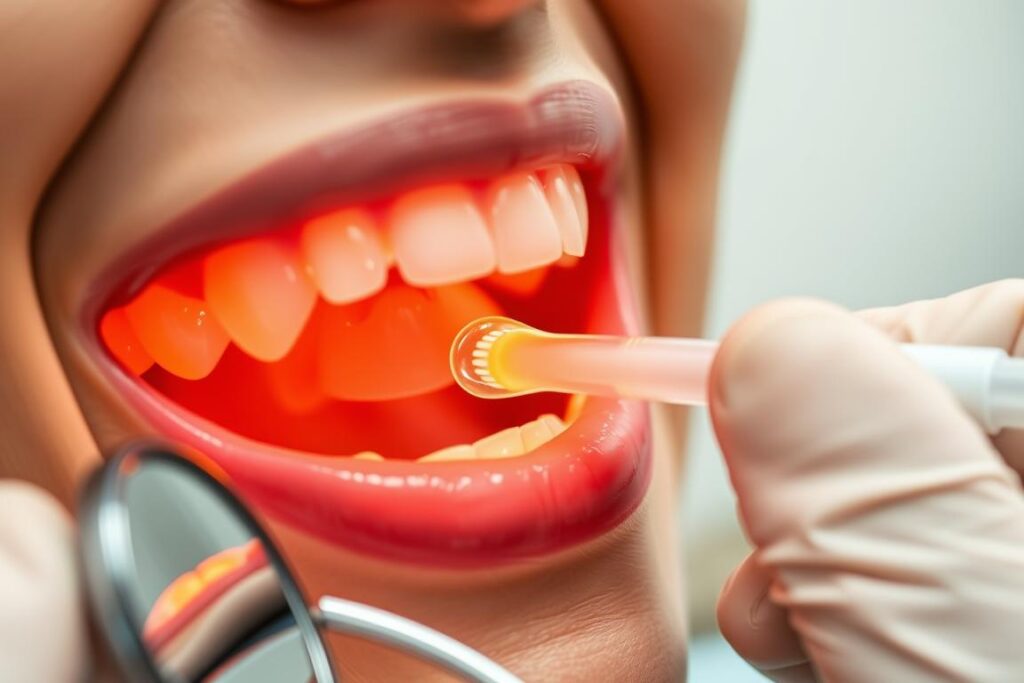 A close-up view of a person's mouth, with a dentist's hand gently applying a fluoride treatment. The teeth are illuminated by a warm, soft light, highlighting the translucent enamel and the application of the clear, viscous fluoride gel. The dentist's tools, such as a mirror and a small applicator, are visible in the foreground, conveying the professional and medical nature of the procedure. The background is blurred, creating a sense of focus on the central action. The overall scene exudes a sense of care, attention, and the importance of maintaining oral health through preventative measures.