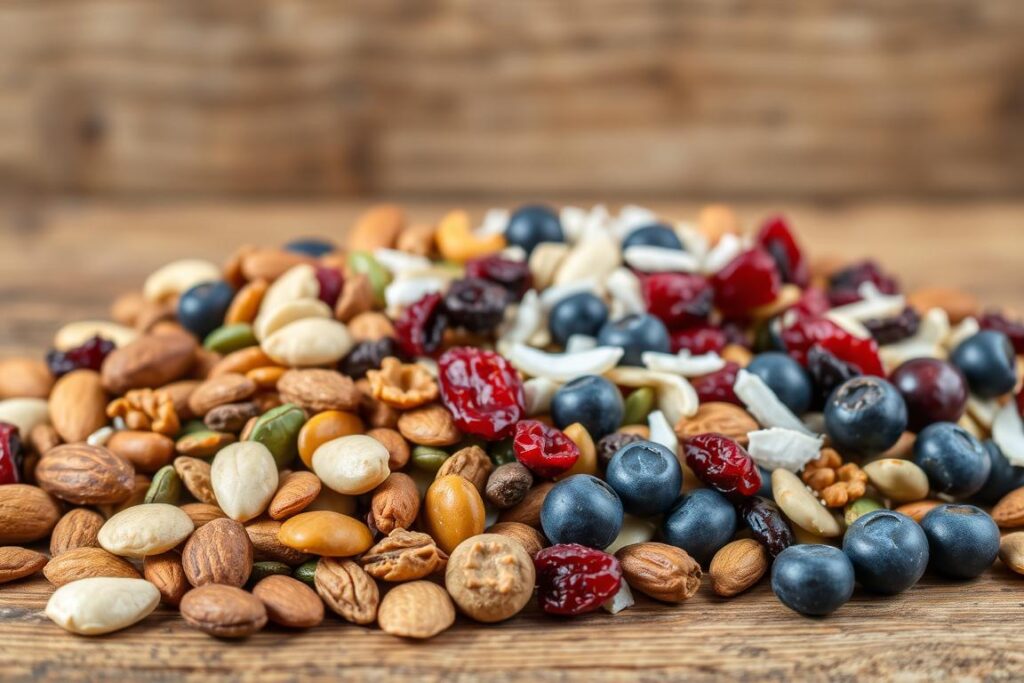 A close-up view of an artisanal trail mix arranged on a rustic wooden surface. In the foreground, a selection of nuts and seeds including almonds, cashews, sunflower seeds, and pumpkin seeds. In the middle ground, dried berries such as cranberries and blueberries, as well as unsweetened coconut flakes. The background features a minimal, earthy setting with natural lighting, highlighting the vibrant colors and textures of the ingredients. The overall composition conveys a sense of healthy, homemade nourishment perfect for a low-carb snacking experience.