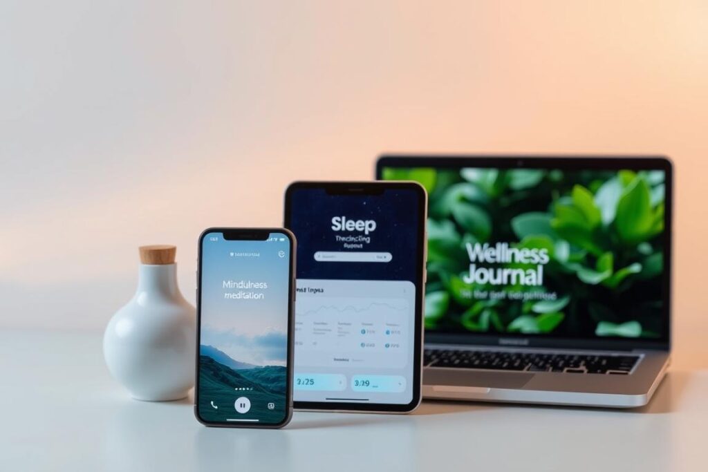 A collection of mobile apps against a serene backdrop, showcasing various self-care tools. In the foreground, a smartphone displays a mindfulness meditation app with a soothing nature scene. In the middle ground, a tablet features a sleep tracking app with a gentle night sky. In the background, a laptop displays a wellness journal app with lush, calming greenery. The scene is illuminated by soft, warm lighting, creating a peaceful, inviting atmosphere. The apps are presented in a clean, minimalist style, emphasizing their functionality and ease of use for promoting self-care.