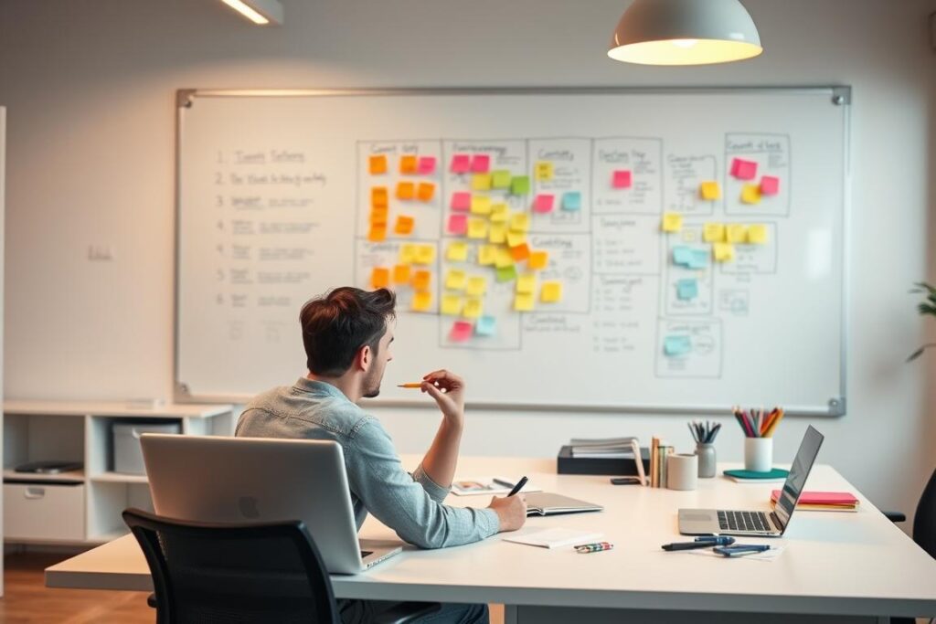 A contemporary office setting with a large, well-lit desk. On the desktop, a laptop, a notepad, and an assortment of office supplies. In the foreground, a person sitting at the desk, deep in thought, pencil in hand. Behind them, a wall-mounted whiteboard covered in colorful sticky notes and diagrams, mapping out a content strategy plan. The lighting is soft and diffused, creating a warm, focused atmosphere. The scene is captured from a slightly elevated angle, giving a sense of organization and productivity. The overall impression is one of thoughtful planning and strategic execution.