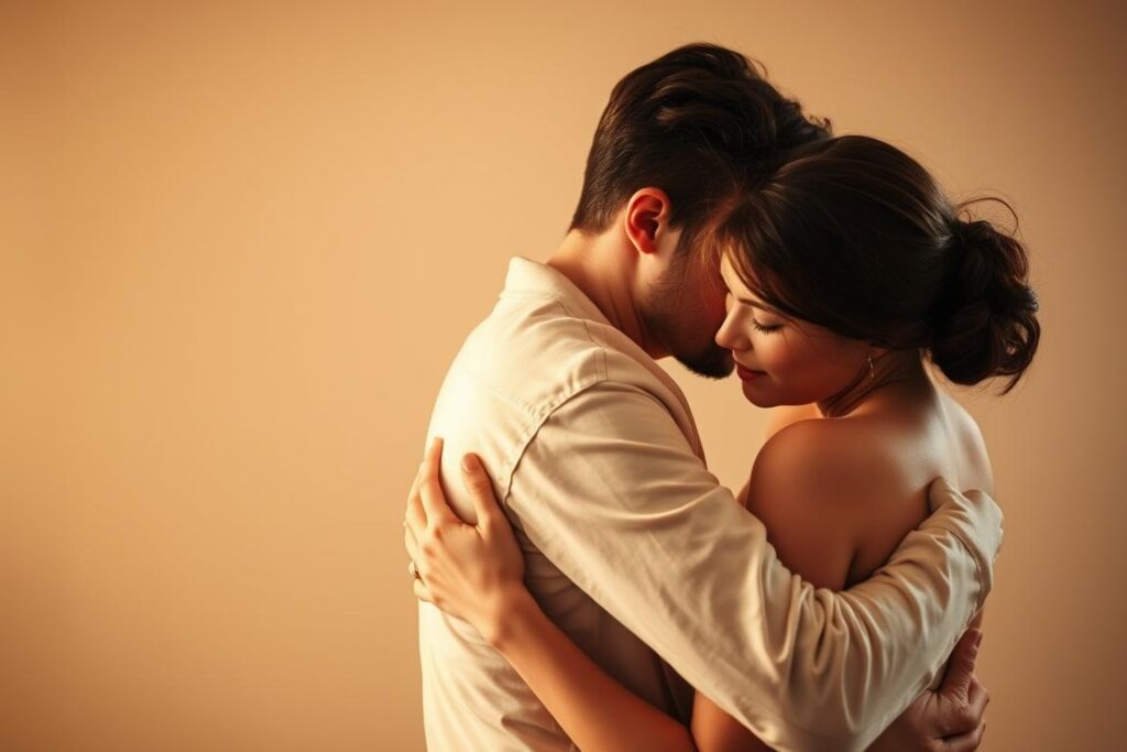 A couple embracing intimately, their bodies intertwined in a soft, warm glow. Subtly lit from the side, with a delicate, ethereal lighting that highlights the curves and contours of their forms. The background is blurred, creating a sense of privacy and focus on the connection between the two figures. The mood is one of tenderness, vulnerability, and deep emotional intimacy, conveying the idea of "setting realistic expectations" for a fulfilling, meaningful relationship.