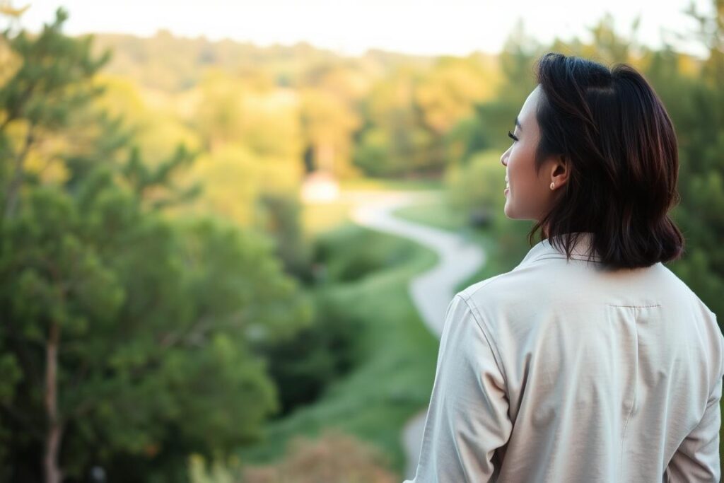A couple standing side-by-side, gazing out onto a serene landscape with a balance of independence and togetherness. The soft evening light casts a warm glow, illuminating their faces as they stand in comfortable silence, each lost in their own thoughts yet connected by their shared presence. In the middle ground, a winding path leads off into the distance, symbolizing the journey of their relationship. The background is a lush, verdant forest, with trees swaying gently in the breeze, suggesting a sense of tranquility and harmony. The composition is well-balanced, with the couple occupying the center of the frame, allowing the viewer to focus on their emotional connection amidst the natural setting.