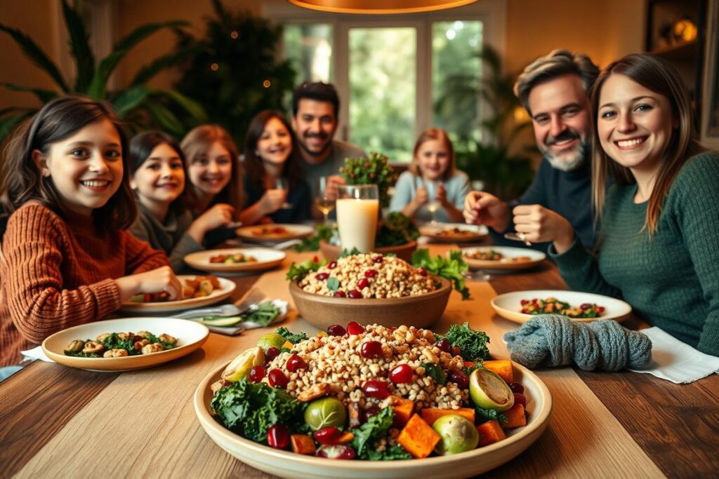 A cozy family dining table, illuminated by warm, golden lighting, is set with a bountiful spread of wholesome, vibrant superfoods. In the foreground, a platter of roasted vegetables, brimming with nutrient-dense kale, sweet potatoes, and Brussels sprouts. In the middle, a hearty quinoa salad, accented with juicy pomegranate seeds and crunchy walnuts. Surrounding the table, lush greenery and earthy textures create a serene, naturalistic atmosphere. The family gathers, faces radiating with joy, as they savor the nourishing, flavorful meal together. Captured with a wide, inviting lens, this scene showcases the beauty and benefits of incorporating superfoods into everyday family dining.