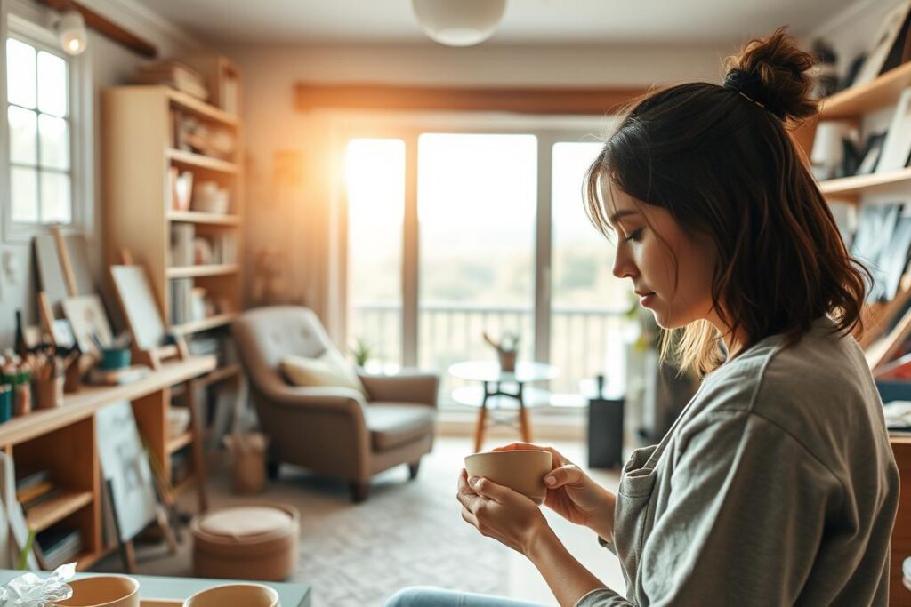 A cozy hobby studio bathed in warm, natural lighting. In the foreground, a person intently focuses on crafting a delicate ceramic bowl, their hands guided by patient concentration. Behind them, shelves display an array of tools and materials - paints, brushes, sketchpads - reflecting a diverse range of creative pursuits. The middle ground features a plush armchair and a small table, inviting respite and quiet contemplation. In the background, a large window overlooks a serene outdoor scene, hinting at the restorative power of connecting with nature. The overall atmosphere exudes a sense of tranquility, balance, and the therapeutic benefits of immersing oneself in a fulfilling hobby.