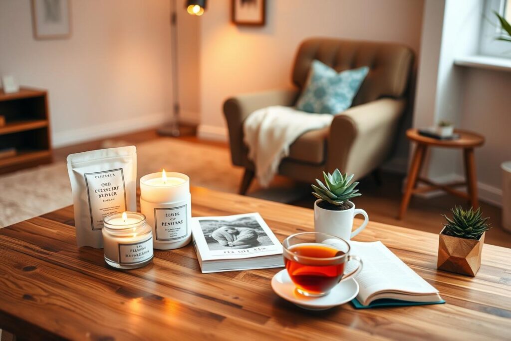A cozy home setting with a wooden table in the foreground, displaying an array of budget-friendly self-care items: a few scented candles, a face mask, a book, a cup of tea, and a small succulent plant. The middle ground features a plush armchair and a fluffy area rug, creating a relaxing atmosphere. The background showcases a simple, minimalist wall decor, perhaps a framed nature print or a simple wooden shelf. The lighting is soft and warm, emanating a sense of tranquility and self-care. The overall scene conveys a peaceful, homely vibe, inspiring viewers to indulge in nourishing, low-cost self-care practices.