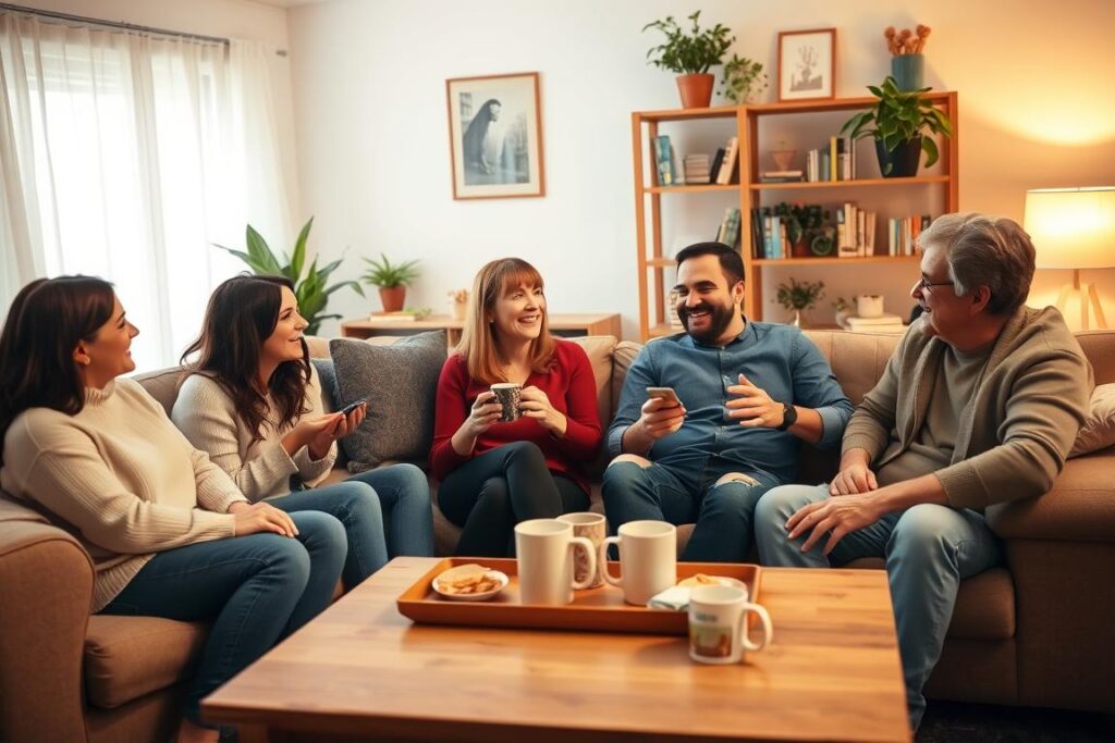 A cozy living room scene with a group of friends engaged in lively conversation. Soft, warm lighting illuminates the space, creating a welcoming atmosphere. The foreground depicts four individuals - two women and two men - sitting comfortably on a plush sofa, faces animated as they share stories and laughter. In the middle ground, a wooden coffee table holds mugs and snacks, inviting lingering and connection. The background features bookshelves, framed artwork, and potted plants, suggesting a nurturing, lived-in environment. The overall impression is one of genuine camaraderie, emotional support, and the rejuvenating power of social interaction.