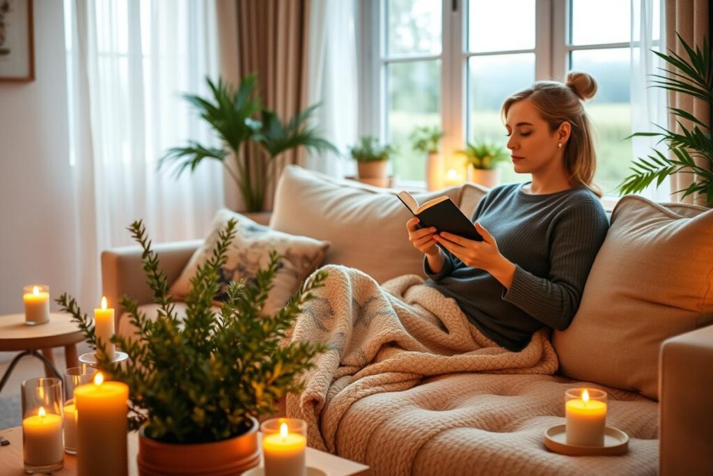 A cozy living room setting with a woman relaxing on a comfortable sofa. Soft, warm lighting illuminates the scene, creating a calming, therapeutic atmosphere. In the foreground, the woman is engaged in various self-care activities - reading a book, practicing mindfulness meditation, or enjoying a warm cup of tea. The middle ground features gentle plants and soothing decor, such as scented candles and a plush throw blanket. The background showcases a window with a serene outdoor view, hinting at the importance of connecting with nature for emotional well-being. The overall composition evokes a sense of tranquility, self-nurturing, and a retreat from the stresses of everyday life.