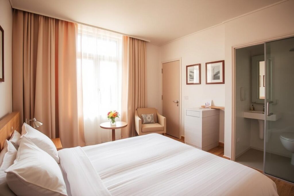 A cozy, minimalist hotel room with warm, natural lighting streaming through the large window. The room features a comfortable double bed with crisp, white linens, a compact writing desk, and a small armchair in a neutral tone. Subtle pops of color come from a vibrant floral arrangement on the side table and a few decorative pillows. The walls are adorned with simple, framed artwork that adds to the serene, relaxing atmosphere. The bathroom is clean and well-appointed, with a modern vanity and a rainfall shower. The overall aesthetic conveys a sense of affordable, yet stylish and inviting accommodations.