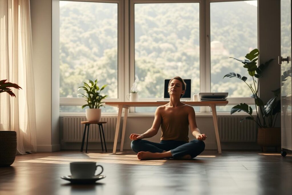 A cozy office space, filled with natural light streaming through large windows. In the foreground, a person sits cross-legged on the floor, eyes closed, radiating a serene presence. The middle ground features a minimalist desk, a potted plant, and a cup of steaming tea, creating a sense of tranquility. The background showcases a view of a lush, verdant cityscape, symbolizing the harmony between the inner and outer worlds. Soft, diffused lighting gently illuminates the scene, evoking a calming, meditative atmosphere. The overall composition conveys a balance of focus, mindfulness, and the integration of contemplative practices within the workplace.