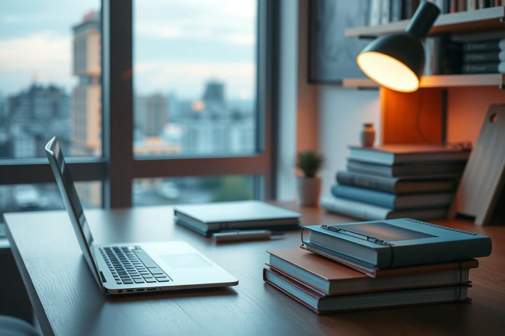 A cozy study nook with an inviting desk, a laptop, and a stack of books. Soft, warm lighting illuminates the scene, creating a calming atmosphere for focused online learning. The background showcases a serene, blurred cityscape, suggesting a tranquil urban setting. The composition emphasizes the tools and resources necessary for a productive and engaging online learning experience, encouraging the viewer to envision themselves in this productive and comfortable space.