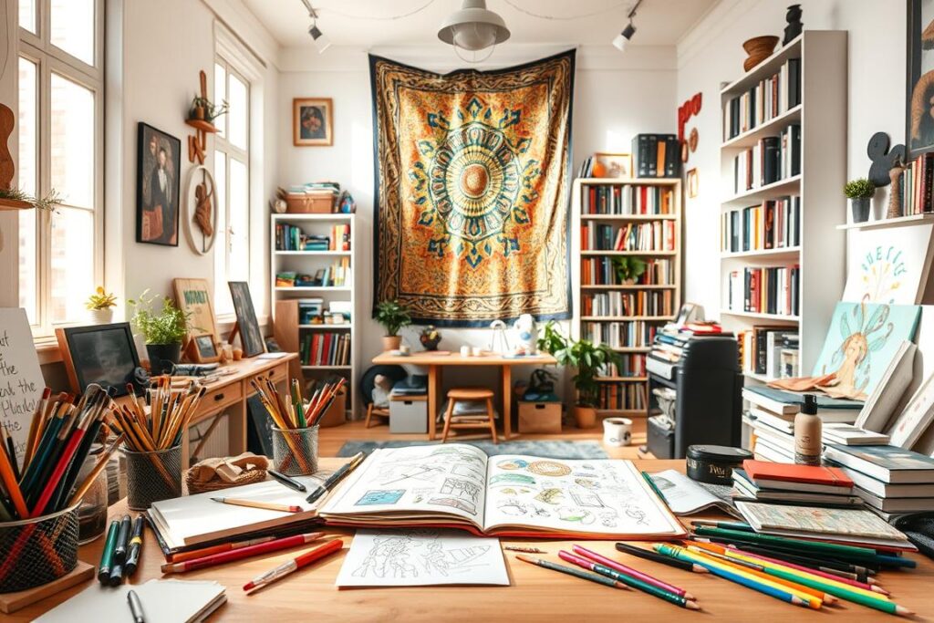 A cozy, sun-drenched studio space filled with an array of creative tools and materials. In the foreground, a table overflows with paintbrushes, sketchpads, colored pencils, and an open journal showcasing colorful doodles. The middle ground features a vibrant tapestry hanging on the wall, casting a warm glow over the scene. Bookshelves line the background, brimming with volumes on art, design, and self-expression. Soft natural light filters through large windows, illuminating the diverse hobbies that stimulate the imagination and unlock artistic potential. The atmosphere exudes a sense of tranquility and inspiration, inviting the viewer to engage in self-discovery through hands-on creative pursuits.