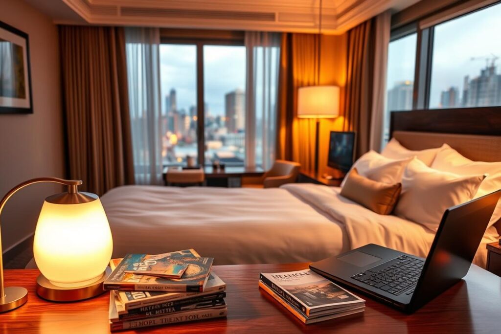 A cozy, well-appointed hotel room with a plush king-size bed, crisp white linens, and fluffy pillows. Warm, ambient lighting from a table lamp casts a soft glow, creating a relaxing atmosphere. In the foreground, a stack of travel guides and a laptop suggest a savvy traveler searching for the best hotel deals. The middle ground features a desk with a desktop computer, hinting at the online research underway. In the background, a large window offers a view of a bustling city skyline, symbolizing the exciting destinations awaiting the budget-conscious explorer.