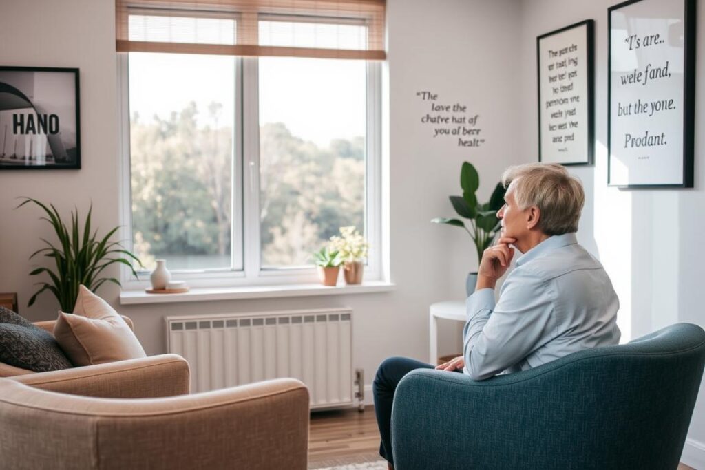 A cozy, well-lit counseling office with a comfortable couch and armchair. A large window overlooking a serene outdoor scene, with soft natural lighting filtering in. On the walls, calming artwork and inspirational quotes. In the foreground, a thoughtful therapist listens intently to a patient seated across from them, their body language conveying empathy and understanding. The atmosphere is warm, inviting, and conducive to open and honest dialogue about mental health.