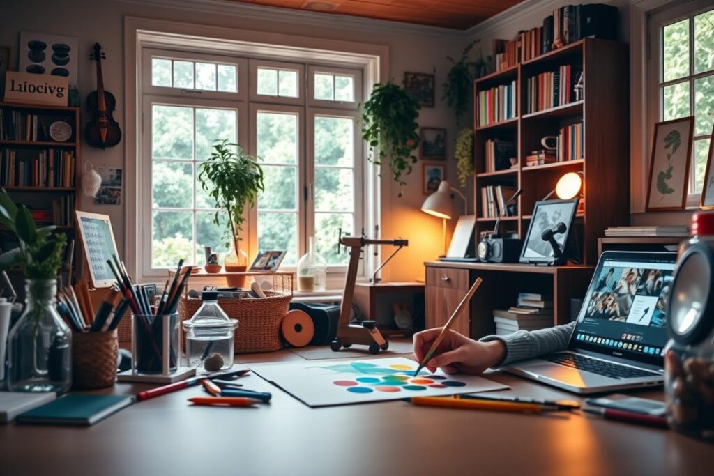 A cozy, well-lit home study filled with an array of engaging hobbies. In the foreground, a person is intently focused on an art project, paint brushes in hand. The middle ground showcases a variety of learning materials - books, scientific instruments, a musical instrument, and a laptop displaying educational content. The background features a large window, letting in warm natural light and offering a serene view of a lush garden. The overall atmosphere is one of contemplation, creativity, and a lifelong dedication to personal growth and discovery.