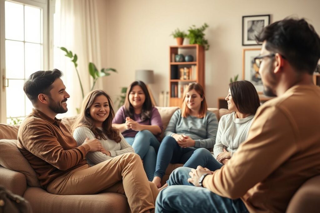 A cozy, well-lit living room with a group of people sitting comfortably on a plush sofa, engaged in a lively conversation. Warm, natural lighting floods the scene, creating a sense of intimacy and connection. In the foreground, two friends sit close, their expressions animated as they share experiences and offer empathetic support. In the middle ground, a small group of individuals listen intently, their body language open and receptive. The background features a bookshelf, potted plants, and framed artwork, creating a inviting, homely atmosphere conducive to open dialogue and emotional expression. The overall mood conveys a sense of community, understanding, and psychological comfort.