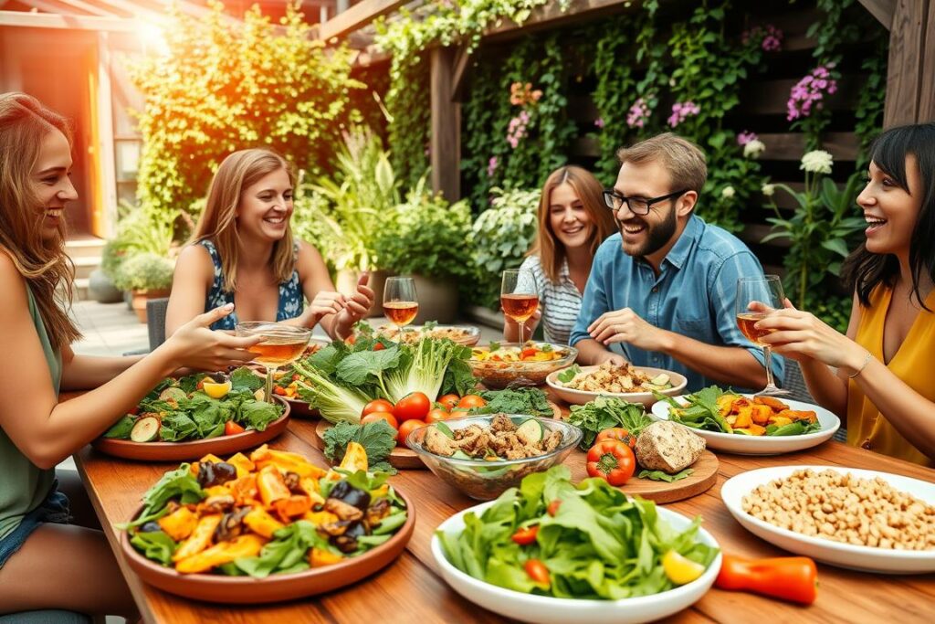 A cozy, well-lit outdoor gathering, with a group of friends enjoying a vibrant plant-based feast. In the foreground, a wooden table is set with an abundance of fresh, colorful dishes - leafy salads, roasted vegetables, and artfully presented plant-based protein sources. In the middle ground, the friends are engaged in lively conversation, their faces radiant with the joy of sharing a nourishing meal together. The background features a lush, verdant garden setting, with potted herbs and flowering plants adding to the serene, nature-inspired ambiance. The overall scene conveys a sense of community, health, and the pleasures of socializing while embracing a plant-based lifestyle.