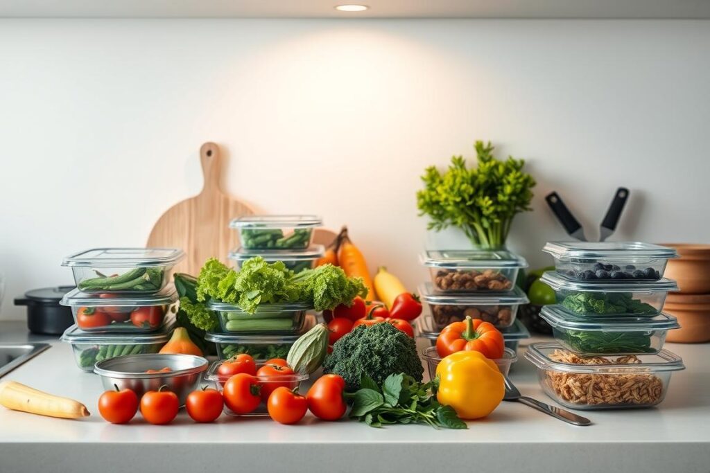 A crisp, clean kitchen counter with various meal prep containers, fresh vegetables, and cooking utensils arranged in an aesthetically pleasing manner. Soft, diffused lighting from overhead illuminates the scene, creating a warm and inviting atmosphere. In the background, a simple, minimalist wall backdrop provides a clean canvas to highlight the organized meal prep elements. The composition emphasizes the efficiency and ease of preparing healthy meals in advance, conveying a sense of control and intentionality to optimize nutrition and diet.