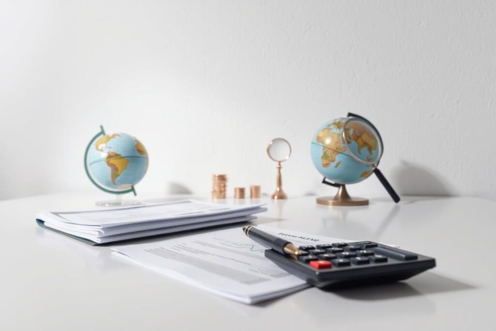 A crisp, well-lit studio shot of an investment strategy concept. In the foreground, a stack of glossy financial documents, calculator, and a pen on a sleek, minimalist desk. The middle-ground features a globe, a magnifying glass, and a few small, carefully placed investment-themed objects. The background is a clean, white wall with subtle textural details, casting a soft, even light across the scene. The overall mood is one of professionalism, clarity, and thoughtful contemplation of investment opportunities.