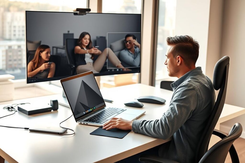 A cutting-edge remote work setup, featuring a sleek laptop and a high-resolution webcam capturing the user in a thoughtful pose. The minimalist desk is adorned with a modern monitor, a wireless mouse, and a collection of trending tech accessories. The office space is flooded with warm, natural lighting, creating a serene and productive atmosphere. In the background, a window offers a picturesque urban landscape, symbolizing the flexibility and connectivity of remote work. The overall scene conveys a sense of efficiency, collaboration, and the integration of technology into the modern work experience.