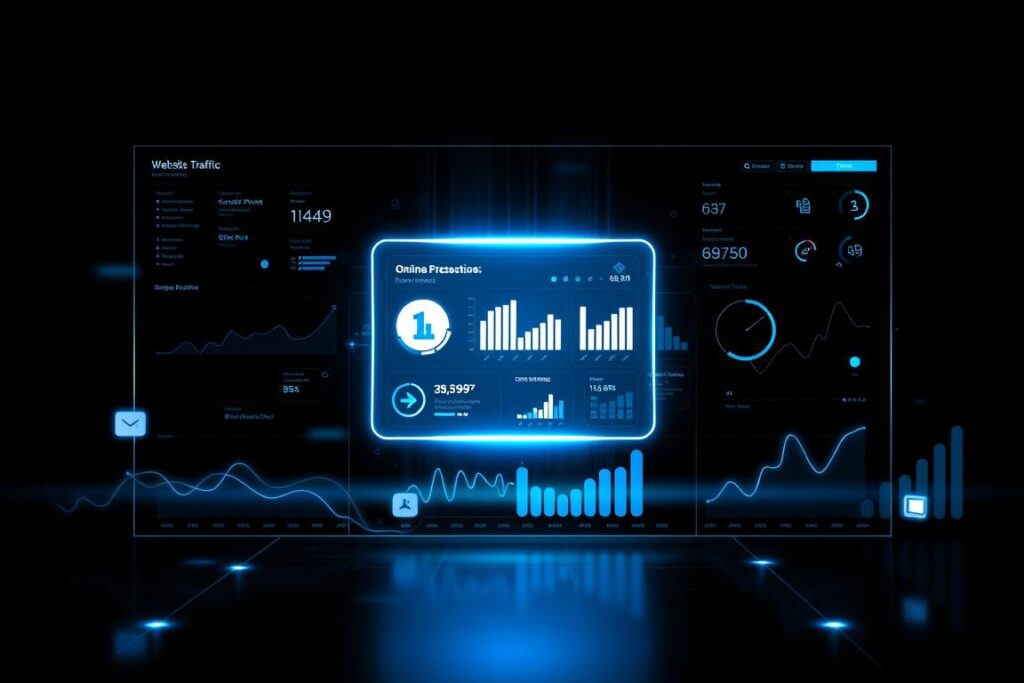 A data-driven dashboard displaying real-time metrics of an online presence. Clean, minimalist design with a sleek black background. Centered is a holographic panel showcasing key performance indicators - website traffic, social media engagement, brand awareness, lead generation. Surrounding it, abstract data visualizations in the form of glowing lines, pulsing graphs, and floating icons. Subtle blue and teal lighting emanates from the display, casting a cool, futuristic glow. The overall impression is one of advanced analytics, digital efficiency, and the ability to track online success at a glance.
