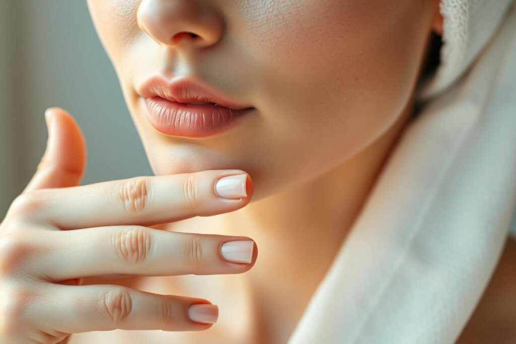 A delicate hand gently exfoliating sensitive skin, revealing a radiant and rejuvenated complexion. Soft, natural lighting accentuates the serene, close-up composition, capturing the serene and mindful ritual of skin care. Smooth brush strokes glide across the skin's surface, sloughing away dull, flaky cells. Warm, earthy tones and a tranquil, spa-like atmosphere evoke a sense of relaxation and self-care. The image conveys the importance of a gentle, yet effective, exfoliation routine for maintaining healthy, glowing skin.