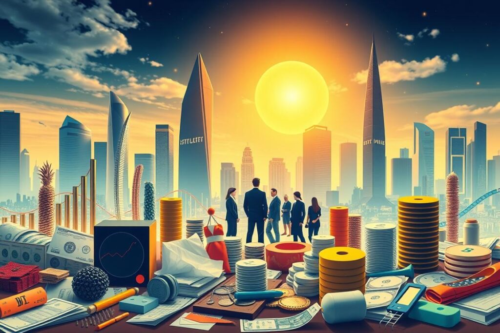 A detailed illustration of mutual funds and ETFs against a backdrop of a modern financial skyline. In the foreground, various investment instruments such as stocks, bonds, and commodities are neatly arranged, conveying the diversity of these investment vehicles. The middle ground features a group of people, representing investors, engaged in analysis and decision-making. Warm, directional lighting illuminates the scene, creating a sense of focus and professionalism. The background showcases a futuristic cityscape, with sleek skyscrapers and a vibrant, dynamic atmosphere, symbolizing the ever-evolving nature of the financial world. The overall composition suggests the complexity and potential of mutual funds and ETFs as essential tools for building wealth and achieving financial freedom.
