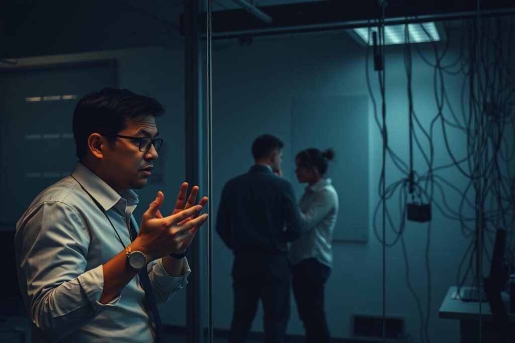 A dimly lit office space, the walls adorned with muffled communication barriers. In the foreground, a frustrated office worker gestures, their words trapped behind a thick pane of glass, symbolic of the disconnection that plagues the workplace. In the middle ground, two colleagues face each other, their bodies turned inward, a language barrier of cultural differences and misunderstandings creating a divide. In the background, a tangle of wires and tangled technology represents the digital noise that disrupts the flow of information. Muted colors and harsh shadows convey the somber mood, emphasizing the need to overcome these obstacles for true communication to thrive.