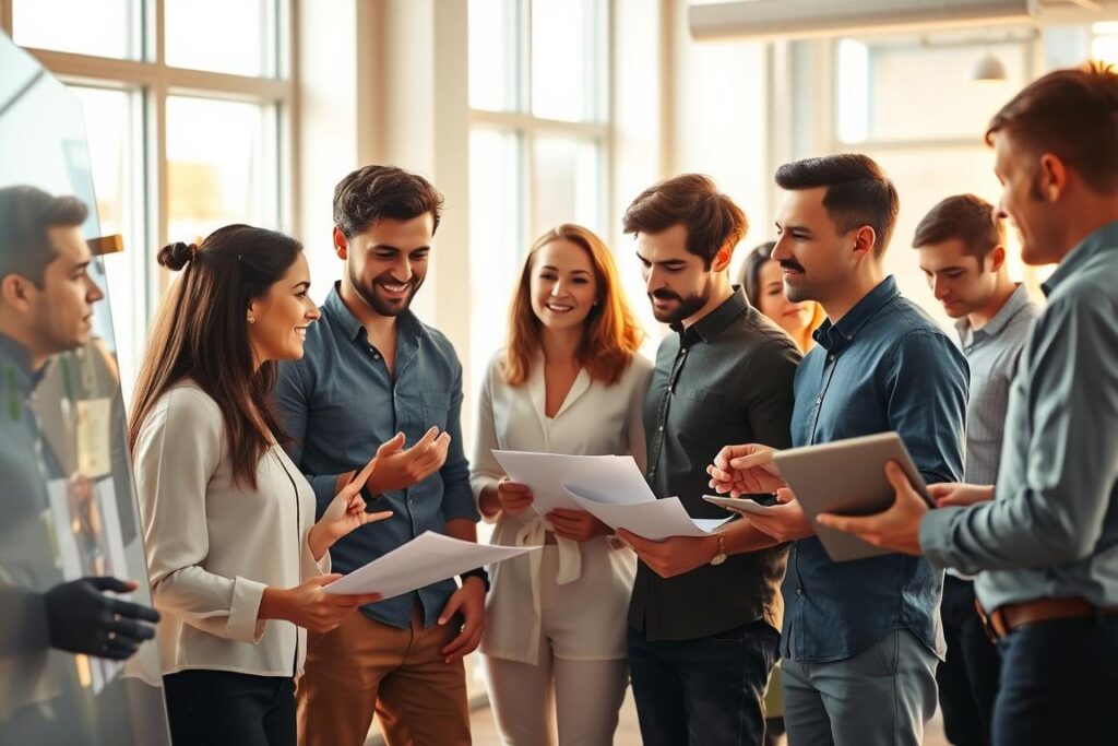 A diverse team of small business professionals gathered in a bright, airy office space, collaborating on a whiteboard brainstorm session. The scene is bathed in warm, natural lighting filtering through large windows, creating a sense of openness and creativity. In the foreground, three team members - a woman and two men - are engaged in a lively discussion, gesturing animatedly as they share ideas. In the middle ground, another two employees are reviewing printouts and exchanging notes, while in the background, a pair of colleagues are huddled around a laptop, their faces illuminated by the screen's glow. The overall atmosphere is one of camaraderie, problem-solving, and a shared sense of purpose as this small business team works together to develop strategies for success.