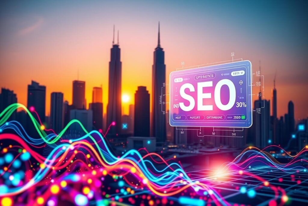 A dynamic and visually captivating scene showcasing the latest SEO trends. In the foreground, a series of colorful, abstract digital elements representing data analytics, search engine algorithms, and user behavior patterns. In the middle ground, a sleek, holographic interface displaying real-time SEO metrics and optimization insights. In the background, a cityscape of towering, futuristic skyscrapers bathed in a warm, sunset glow, symbolizing the ever-evolving digital landscape. The lighting is crisp and directional, casting dramatic shadows and highlights that accentuate the cutting-edge, technology-driven nature of the scene. The overall composition conveys a sense of innovation, progress, and the constant need to stay ahead of the curve in the world of search engine optimization.