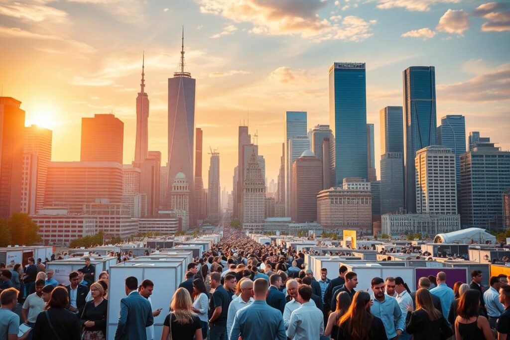 A dynamic cityscape filled with diverse career opportunities. In the foreground, a bustling job fair with professionals networking and exploring new paths. In the middle ground, towering skyscrapers representing a range of industries - tech, finance, healthcare, and more. The background features a vibrant sunset, casting a warm, inspirational glow over the scene. Lens flares and shallow depth of field create a sense of depth and focus, drawing the viewer's eye to the central activity. The overall atmosphere conveys the excitement and promise of professional development, inspiring the viewer to embrace their own career journey.