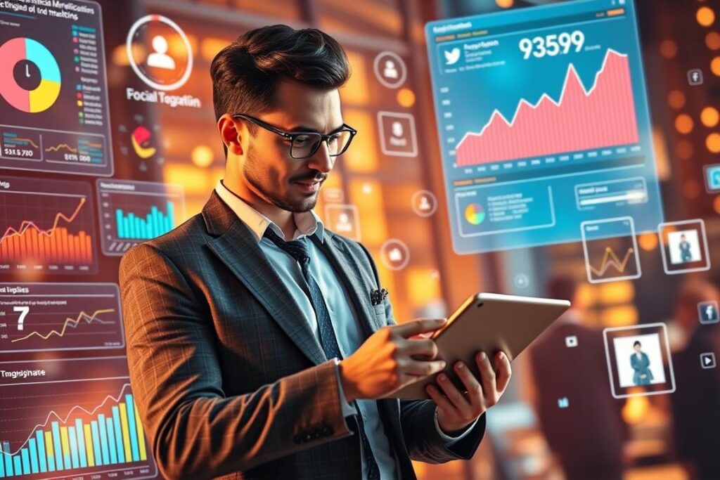 A dynamic, evolving social media landscape with digital analytics dashboards, trending hashtags, and algorithm updates. A stylishly dressed professional examines a tablet, surrounded by floating data visualizations. The scene is bathed in a warm, inviting glow, conveying a sense of adaptability and innovation. Carefully crafted composition and high-quality rendering, capturing the essence of staying updated with the ever-changing world of social media marketing.