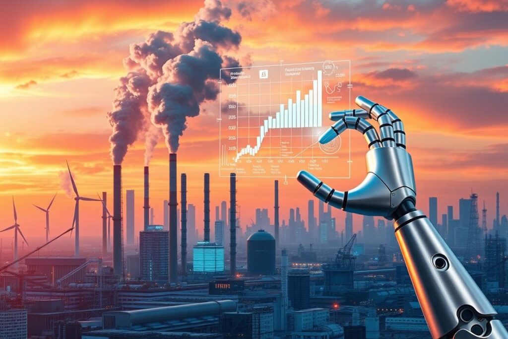 A dynamic landscape of industrial turbines, towering smokestacks, and data centers illuminates the evolving nature of modern industry. Vibrant hues of orange and blue paint the sky, as a futuristic cityscape rises in the background, symbolizing the rapid technological advancements transforming the sector. In the foreground, a mosaic of graphs, charts, and digital displays showcases the data-driven insights driving industry trends, while a sleek, silver robot arm manipulates holographic projections, personifying the integration of automation and AI. The scene conveys a sense of progress, innovation, and the dynamic forces shaping the future of industry.