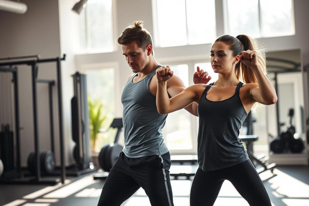 A dynamic personal training session unfolding in a well-equipped home gym. In the foreground, a fit, motivated trainer guiding a determined client through a series of strength-building exercises, their focused expressions reflecting the intensity of the workout. Sunlight streams in through large windows, casting a warm glow on the scene. In the background, sleek exercise equipment and minimalist decor create a modern, inspiring atmosphere. The overall tone conveys a sense of empowerment, progress, and the transformative power of personalized fitness guidance. A dynamic personal training session unfolding in a well-equipped home gym. In the foreground, a fit, motivated trainer guiding a determined client through a series of strength-building exercises, their focused expressions reflecting the intensity of the workout. Sunlight streams in through large windows, casting a warm glow on the scene. In the background, sleek exercise equipment and minimalist decor create a modern, inspiring atmosphere. The overall tone conveys a sense of empowerment, progress, and the transformative power of personalized fitness guidance.