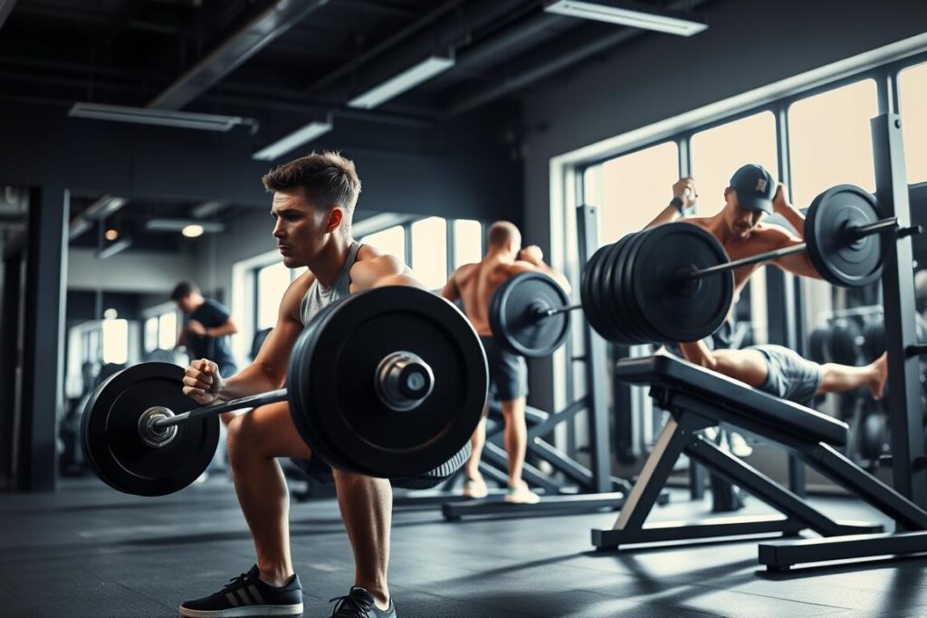 A dynamic, well-lit gym interior with sleek, modern equipment. In the foreground, a person performing a barbell squat, their muscles straining with focused intensity. In the middle ground, another person doing a bent-over row, their back muscles engaged. In the background, a person performing a bench press, their chest and arms powering through the lift. The lighting is bright and directional, creating dramatic shadows and highlights that accentuate the form and movement of the athletes. The scene conveys a sense of progress, discipline, and the drive to push beyond one's limits in pursuit of fitness goals.
