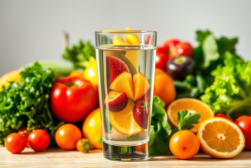A glass of crystal-clear water against a backdrop of vibrant, fresh fruits and vegetables. A composition that celebrates the harmony between hydration and nutrition. Soft natural lighting casts a warm, nourishing glow, accentuating the juicy textures and vibrant colors. In the foreground, the water glass reflects the bounty of the produce, creating a sense of balance and interconnectedness. The middle ground features an array of leafy greens, crisp vegetables, and juicy citrus, arranged in a visually appealing manner. The background depicts a serene, minimalist setting, allowing the focus to remain on the central elements. The overall scene conveys a message of holistic well-being, where hydration and nutrition work in synergy to support a healthy, vibrant lifestyle.