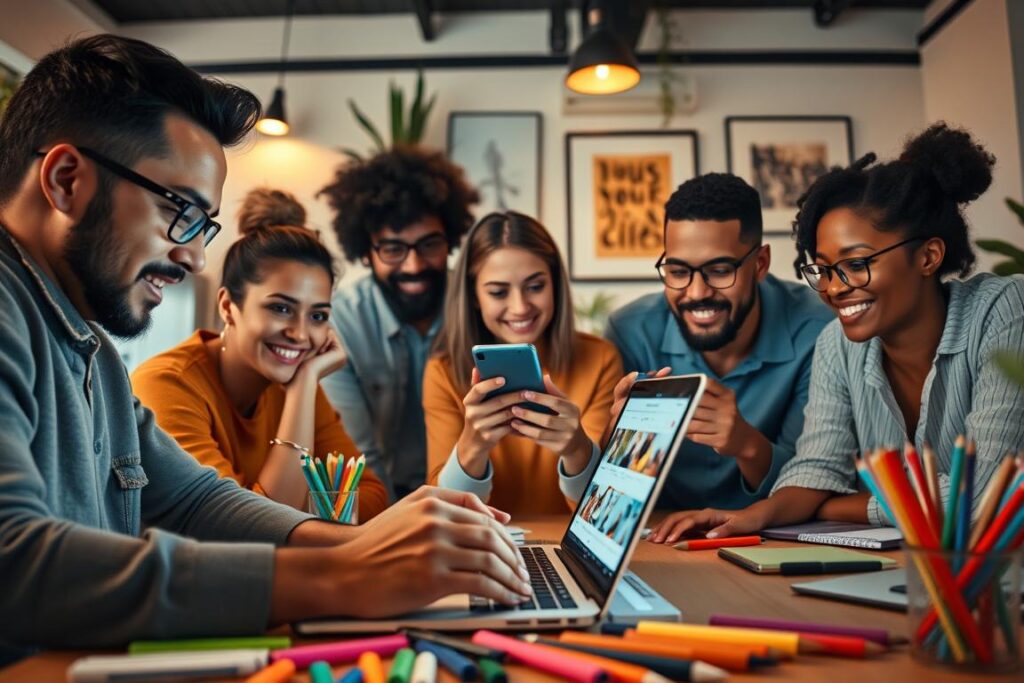 A group of diverse individuals deeply engaged in social media content creation, their faces illuminated by the glow of digital screens. In the foreground, a person typing intently on a laptop, surrounded by a vibrant array of colorful stationery and creative implements. In the middle ground, a team collaborating on a smartphone, their expressions animated as they curate and share captivating visuals. The background features a minimalist workspace, with plants, mood lighting, and inspirational wall art, creating a warm, creative atmosphere conducive to innovative social media content. Captured with a wide-angle lens, the scene conveys the dynamic and collaborative nature of modern social media engagement through content creation.