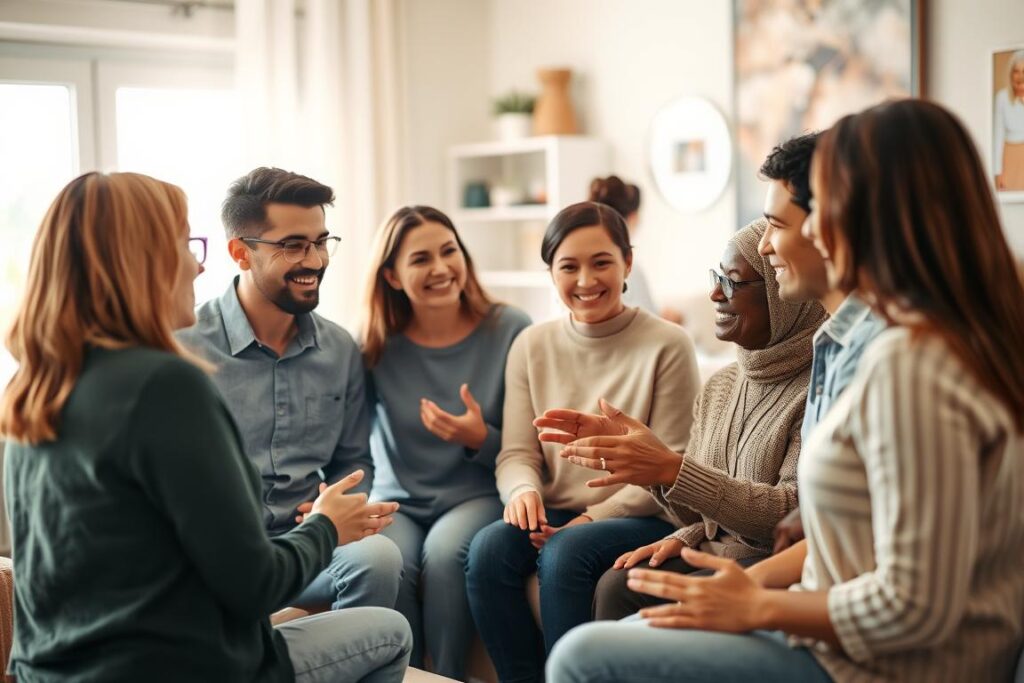 A group of diverse individuals gathered together, offering emotional support and encouragement to one another. In the foreground, a warm, inviting conversation takes place, with gestures and expressions conveying understanding and empathy. The middle ground features a cozy, well-lit living room setting, with plush furniture and personal touches that create a sense of comfort and belonging. The background is softly blurred, suggesting a peaceful, tranquil environment that allows the focus to remain on the meaningful interactions happening in the center. Soft, natural lighting casts a gentle glow, and the overall atmosphere is one of connection, understanding, and the power of social support to help manage stress.