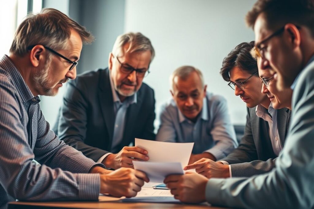 A group of seasoned professionals gathered around a conference table, deep in discussion. Warm, directional lighting illuminates their faces, casting subtle shadows that add depth and dimension. Their expressions are engaged, brows furrowed in concentration as they intently examine documents and charts, offering their collective expertise. The background is softly blurred, placing the focus squarely on the collaborative scene unfolding. This image conveys the essence of "Building Relationships with Experts" - a gathering of trusted, experienced individuals offering their guidance and counsel.