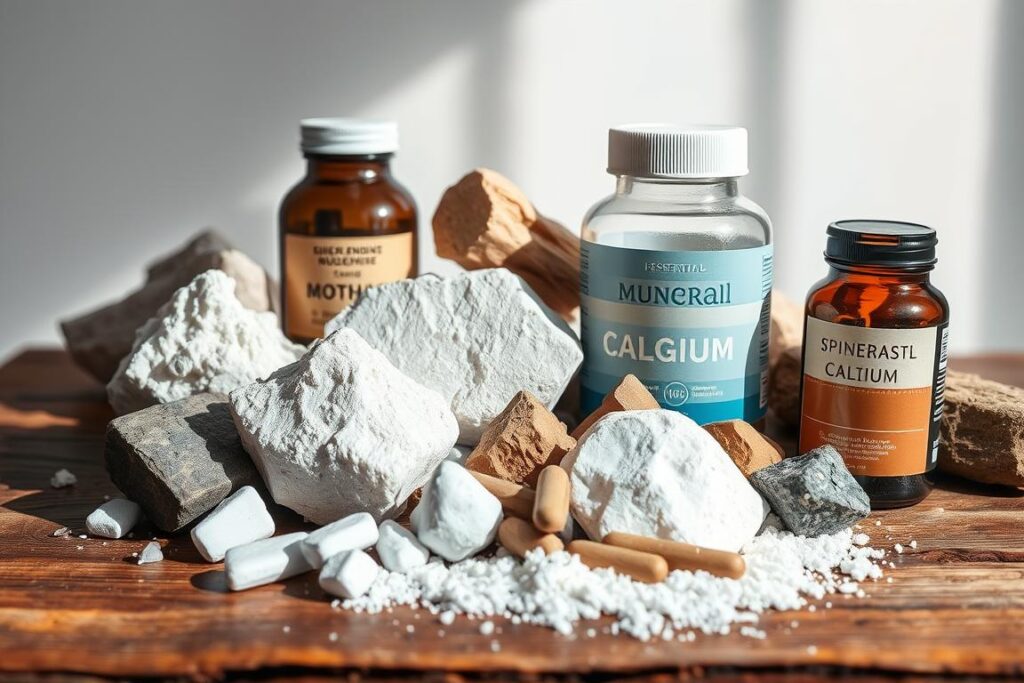 A high-quality, detailed still life photograph of an assortment of essential minerals for optimal health, including magnesium, calcium, zinc, iron, and selenium, arranged artfully on a rustic wooden surface. Soft, natural lighting illuminates the minerals, casting gentle shadows. The arrangement is balanced and visually appealing, showcasing the varied shapes, textures, and colors of the different mineral supplements. The background is clean and simple, allowing the minerals to be the focal point. The overall mood is one of wellness, nutrition, and natural health.